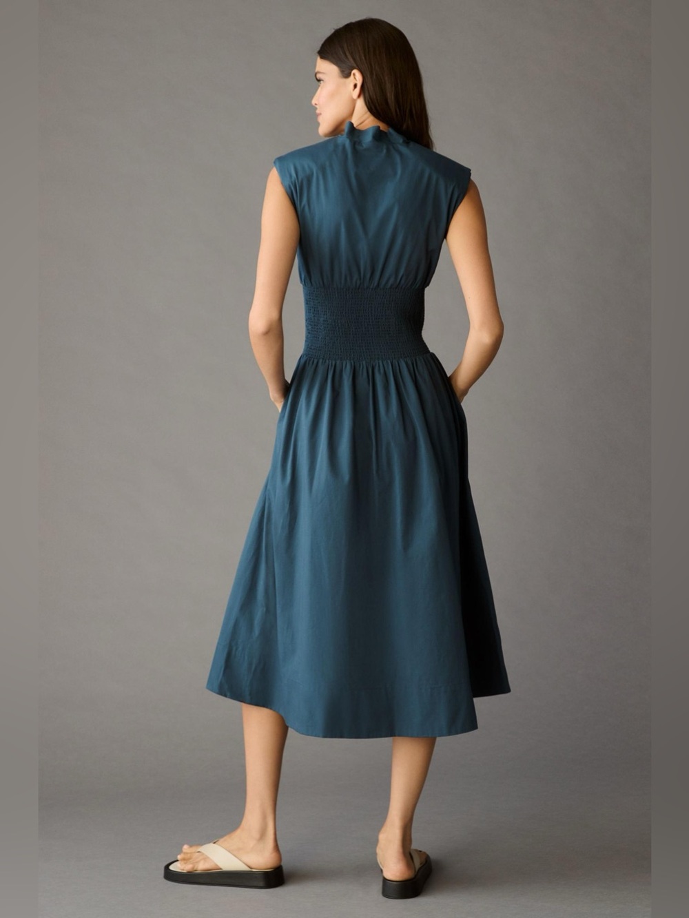 Anthropologie Tommie Zip Front Midi Dress Blue Size Small Cotton Cap Sleeve - Picture 2 of 8